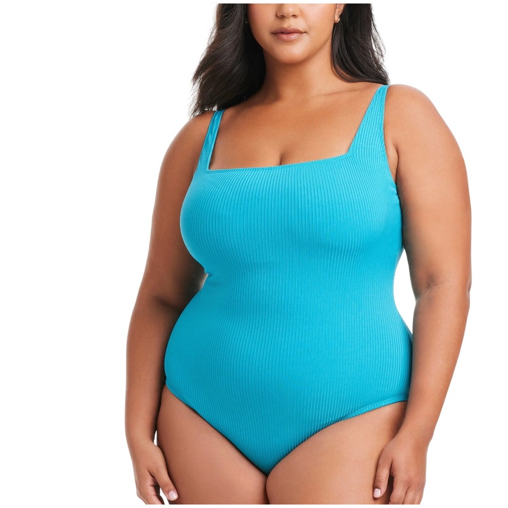 Bleu Rod Beattie Ribbed One Piece Swimsuit Lake Blue Teal Square Neck 20W NEW
